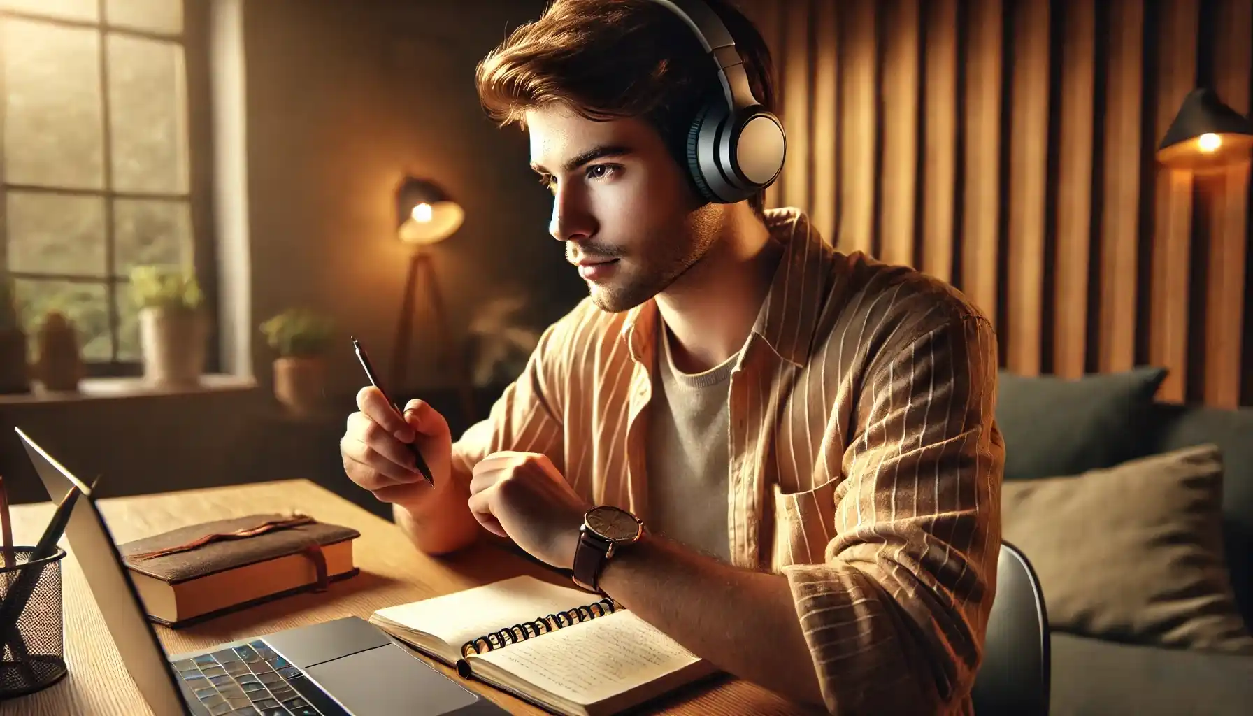 A young man sitting at a cozy desk, wearing headphones and using a special platform to learn a new language. 