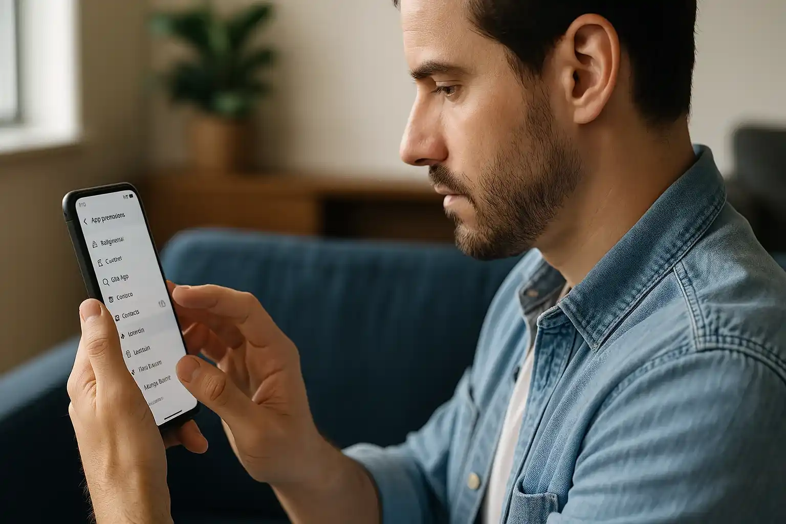 A man is carefully reviewing his phone settings to manage app permissions and protect his privacy.