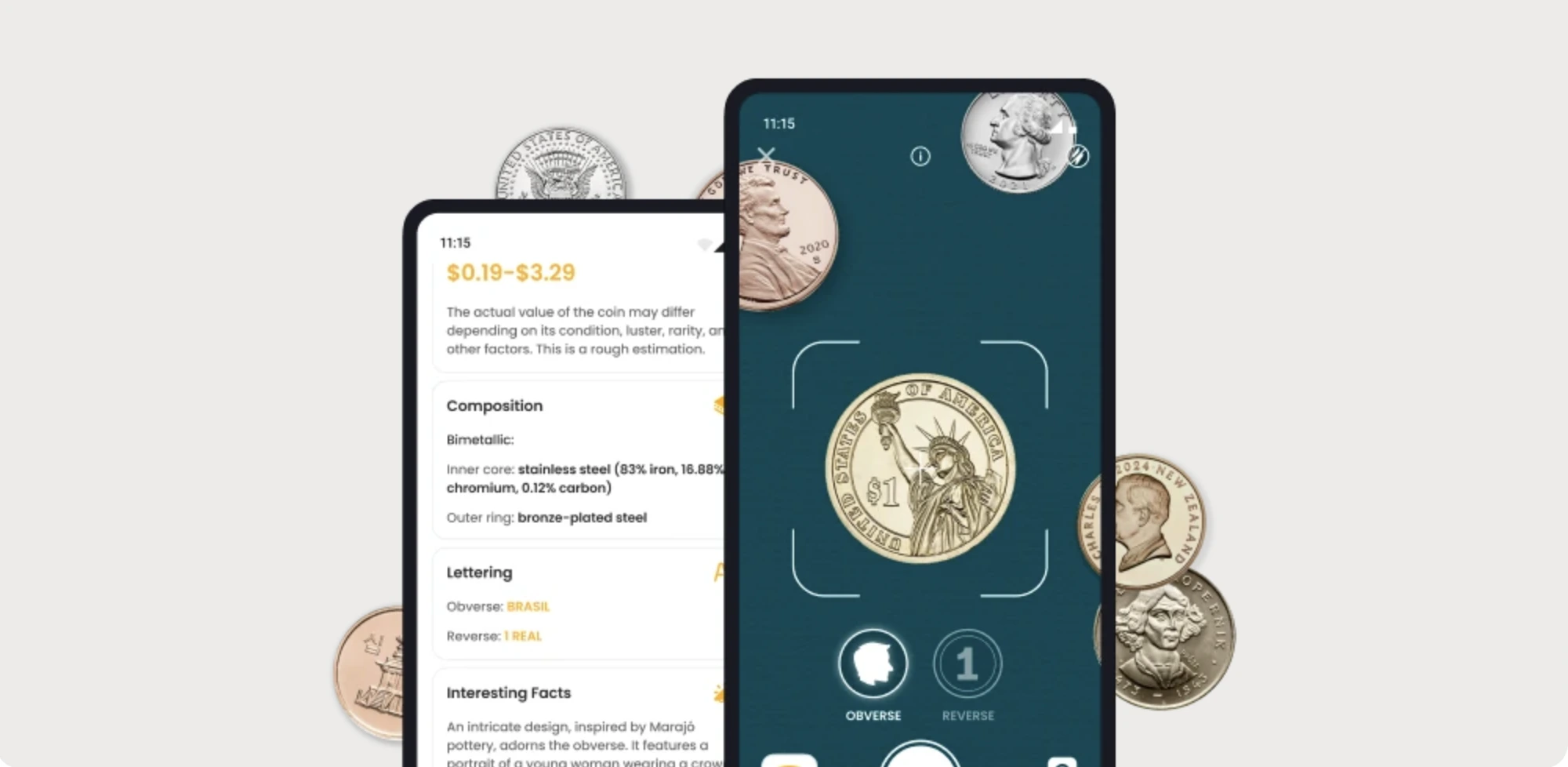 A screen from the app demonstrating the Coin ID Scanner’s possibilities.