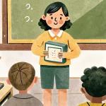 the teacher in the classroom shows the children the figures on the tablet
