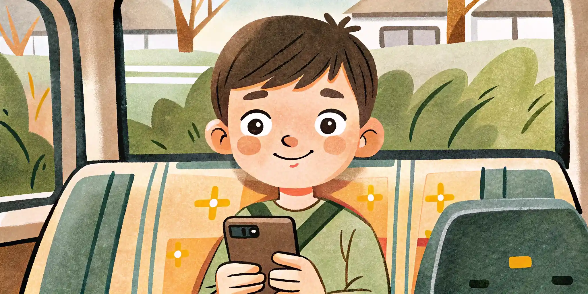 A child uses a phone while sitting in a car