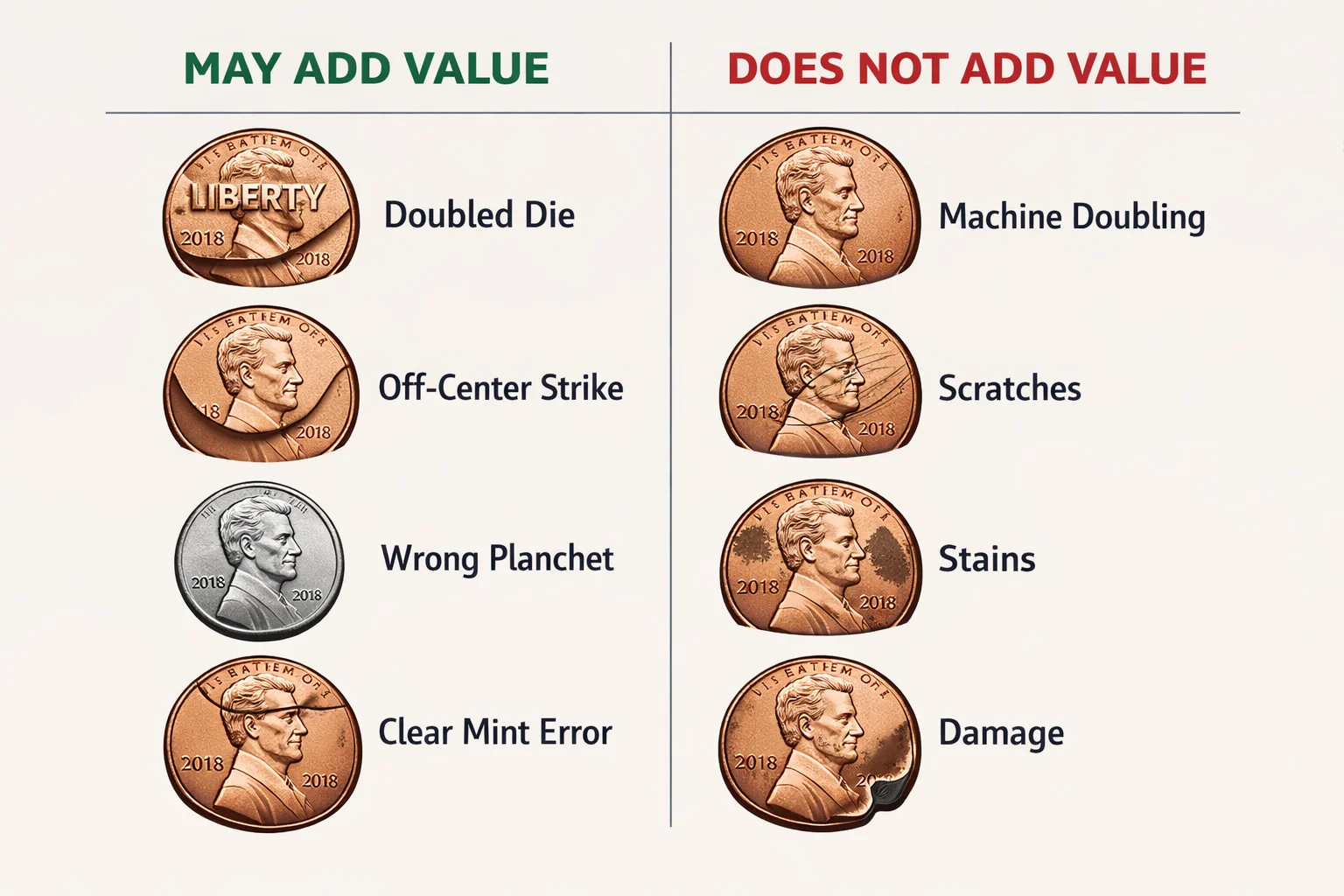 Infographic comparing coin features that may add value and features that do not add value on a 2018 Lincoln cent.
